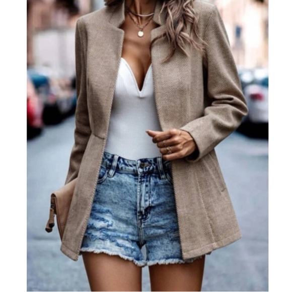 Jackets & Blazers - Luxe Khaki Herringbone Blazer Jacket Coat